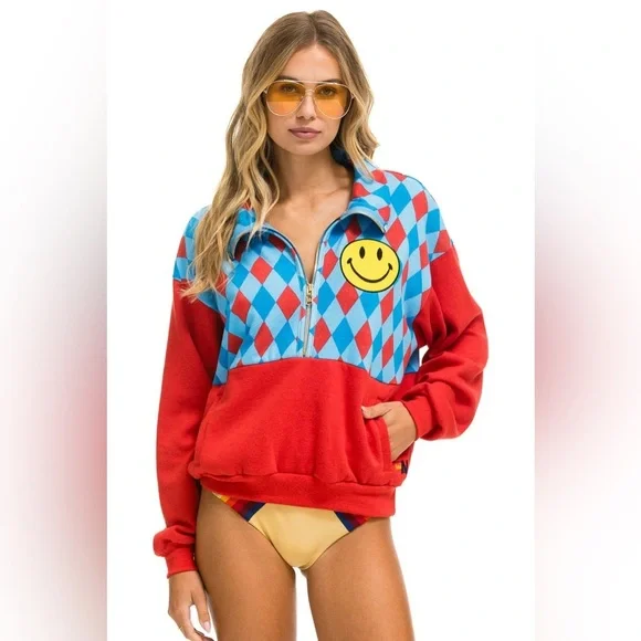 Aviator Nation Diamond Smiley 2 Fleece Half Zip Color Block Sweatshirt - Picture 1 of 2